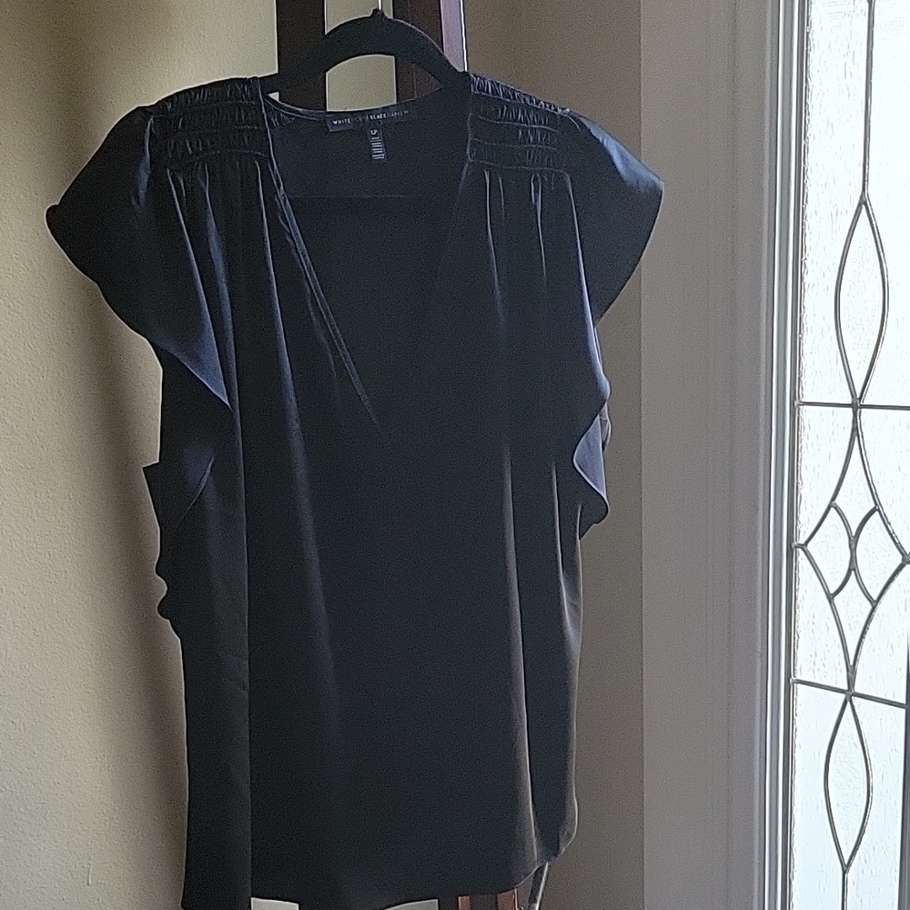 White House Black Market Black Ruffled V Neck Flutter Sleeve Blouse